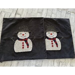 Pottery Barn Snowman Aplique Velour Brown Pillow Cases Winter Holiday 20"x20"